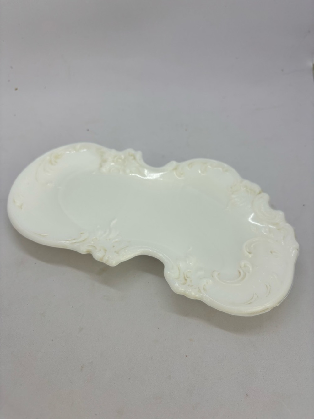 John E Kemple Milkglass Trinket/Vanity Tray-Vintage Scrollwork